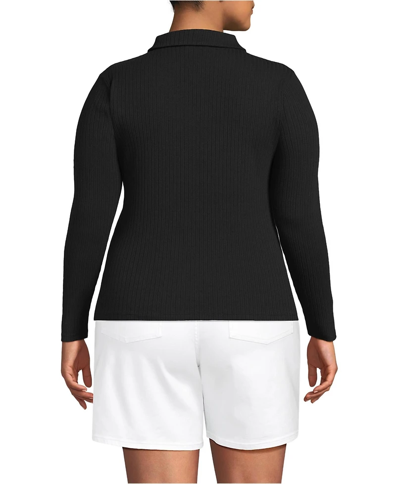 Lands' End Plus Long Sleeve Pointelle Rib Keyhole Polo Top