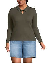 Lands' End Plus Long Sleeve Pointelle Rib Keyhole Polo Top