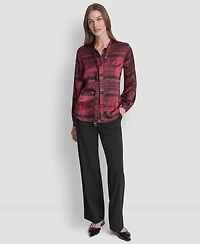 Dkny Women's Printed Satin with Covered Placket and Tie Neck Blouse
