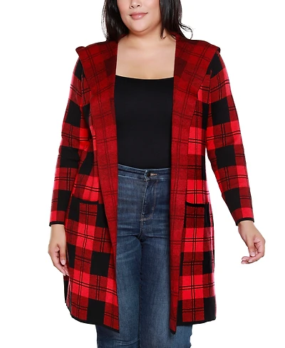 Belldini Plus Hooded Checkered Plaid Cardigan Sweater