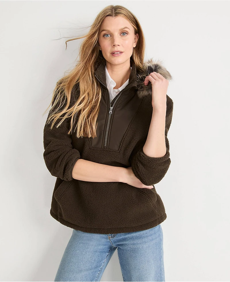 Lands' End Women's Hooded Half Zip Faux Fur High Pile Fleece Pullover