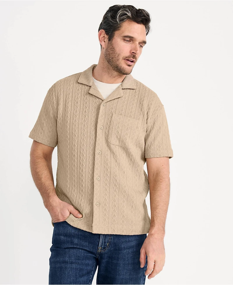 Lands' End Men's Short Sleeve Textured Cable Camp Collar Button Through Shirt