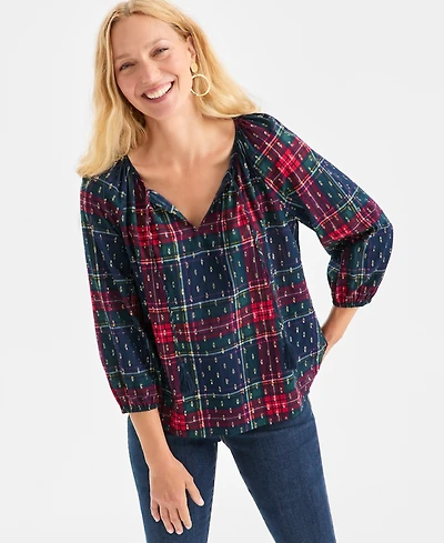 Style & Co Women's Plaid 3/4 Sleeve Split Neck Top with Lurex, Macy's Exclusive