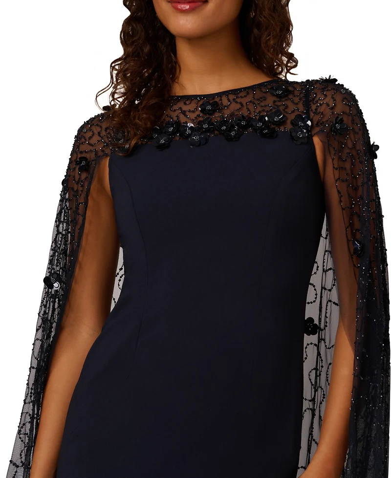 Adrianna Papell Women's Bead Cape Crepe Long Dress