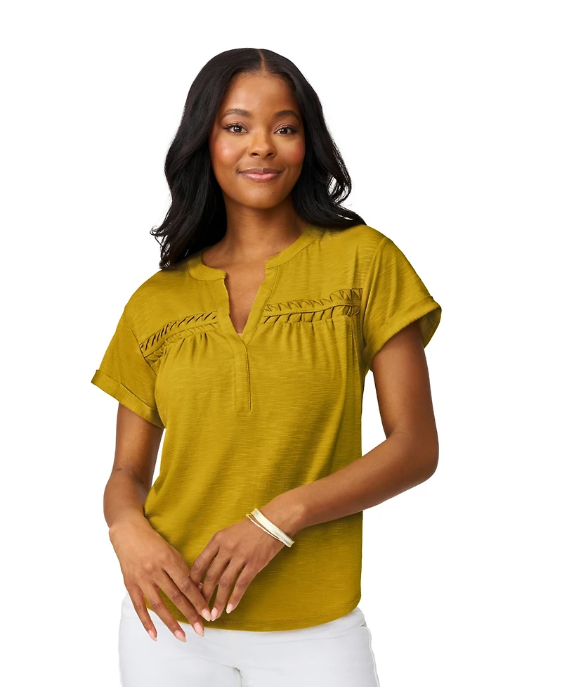 Cable & Gauge Women's Shirred Detail Short Sleeve Top