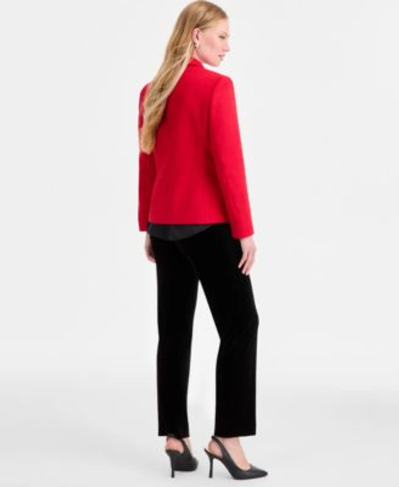 Jones New York Womens Button Trim Open Front Blazer Textured Contrast Hem Top High Rise Straight Leg Velvet Pants