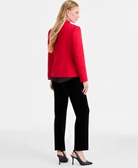 Jones New York Womens Button Trim Open Front Blazer Textured Contrast Hem Top High Rise Straight Leg Velvet Pants