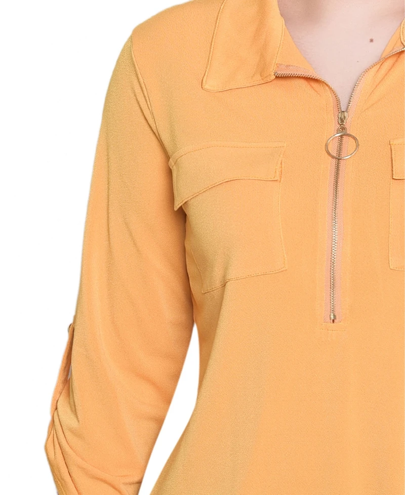 Ny Collection Women's 3/4 Roll Tab Zip Front Top