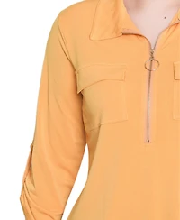 Ny Collection Women's 3/4 Roll Tab Zip Front Top