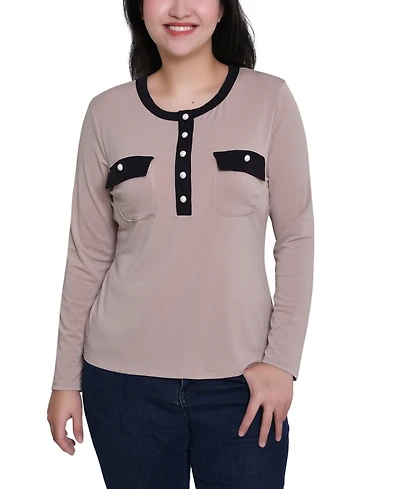Ny Collection Women's Long Sleeve Contrast Detail Top