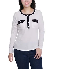 Ny Collection Womens Long Sleeve Contrast Detail Top