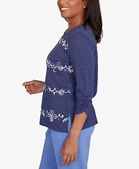 Alfred Dunner Lake Champlain Embroidered Scroll Ruched Sleeve Top