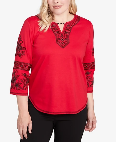 Alfred Dunner Jet Setter Knit Embroidered Sleeve Beaded Split Neck Top