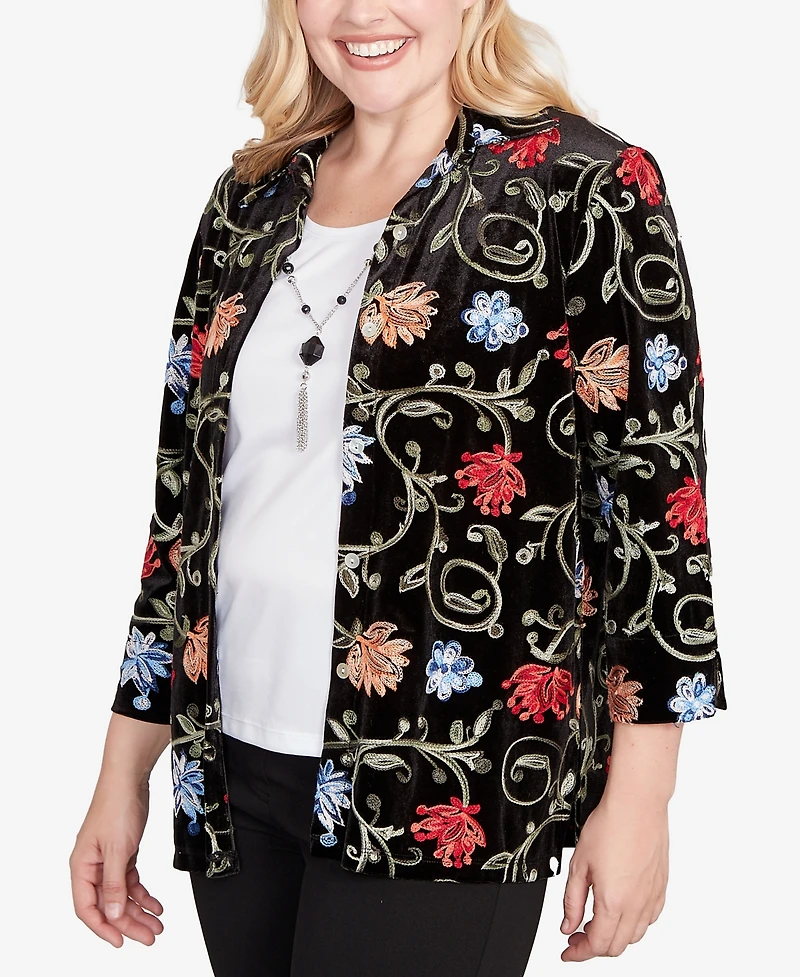 Alfred Dunner Jet Setter Rich Velvet Floral Two One Top With Necklace