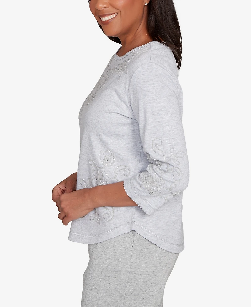 Alfred Dunner Women's Casual Vibe Asymmetrical Floral Embroidered Detail Top