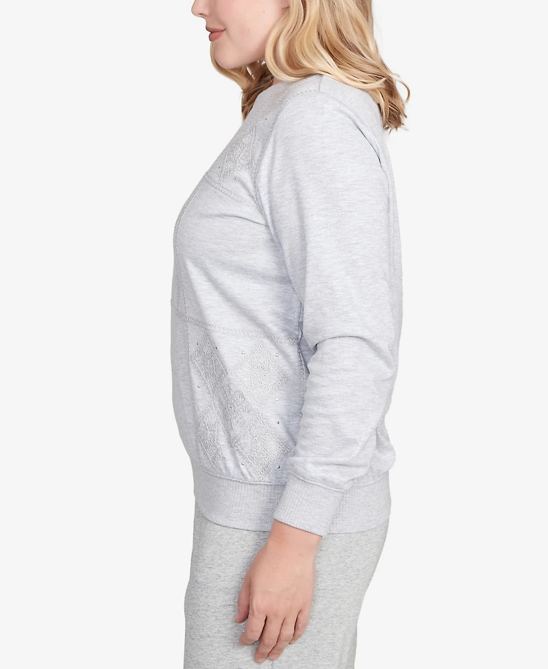 Alfred Dunner Women's Casual Vibe Embroidered Patchwork Long Sleeve Top