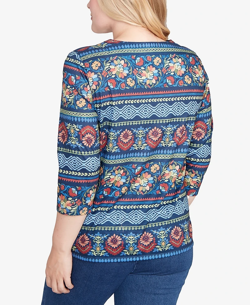 Alfred Dunner Sunset Canyon Printed Sleeve Floral Embroidered Top