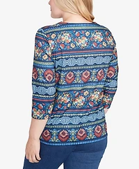 Alfred Dunner Sunset Canyon Printed Sleeve Floral Embroidered Top