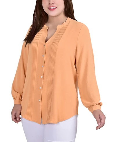 Ny Collection Plus Long Sleeve Pleat Front Blouse