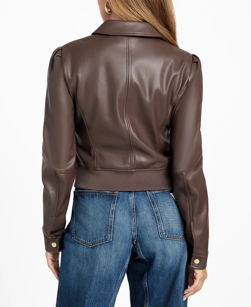 Guess Women's Faux-Leather Zip-Front Bomber Jacket