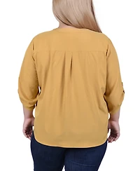 Ny Collection Plus 3/4 Tabbed Sleeve Y Neck Top