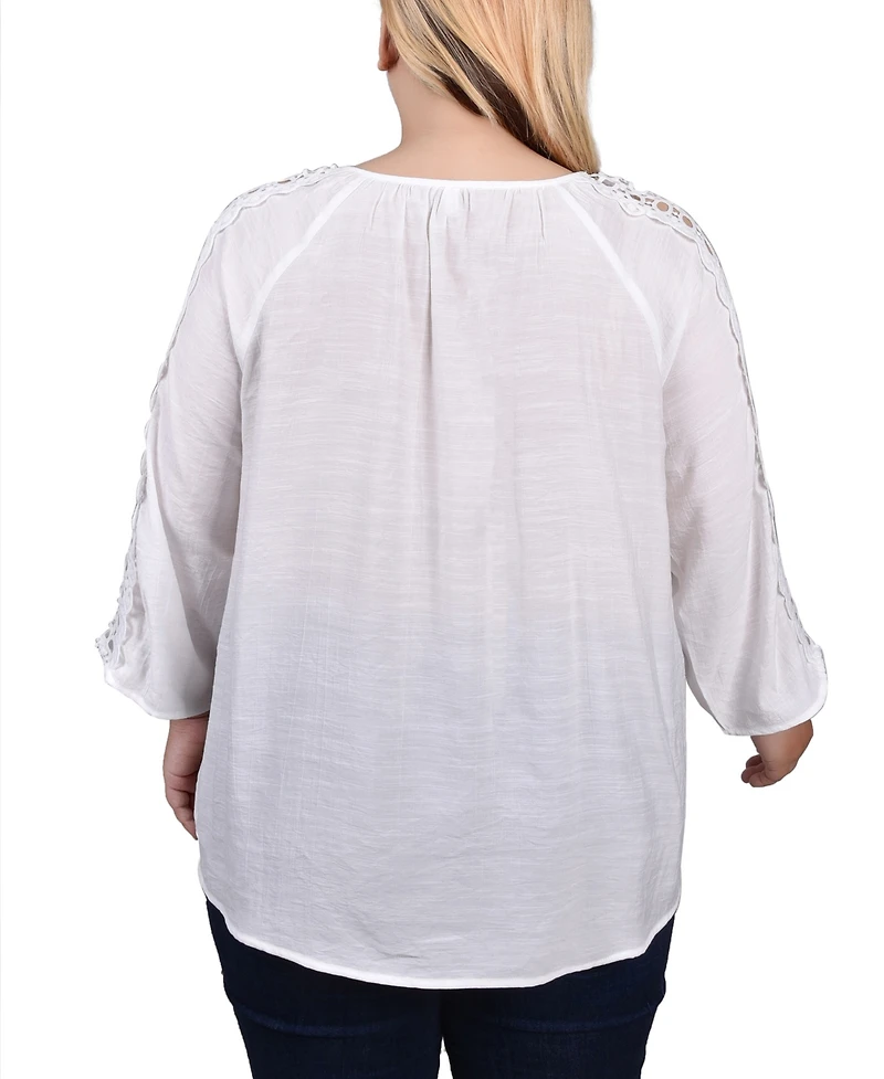 Ny Collection Plus 3/4 Sleeve Crochet Detail Top