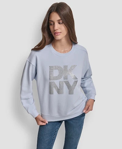 Dkny Jeans Women's Rhinestone Logo Cotton Crewneck Sweatshirt