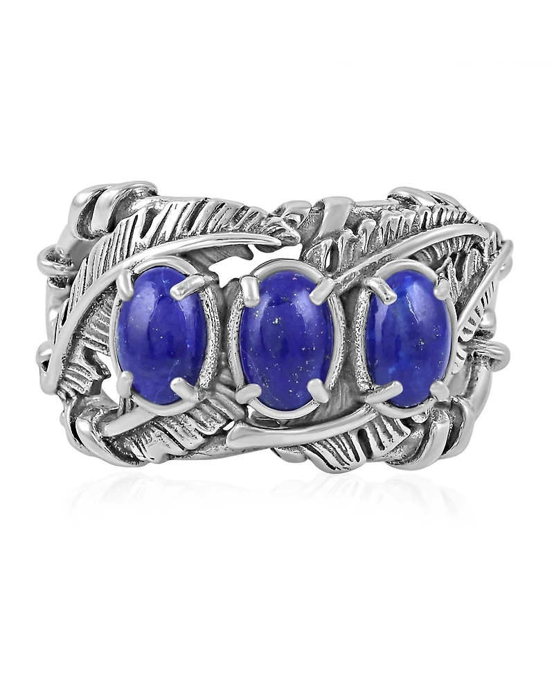 American West Jewelry Sterling Silver Lapis Three Stone Feather Ring, Sizes 5 to 11