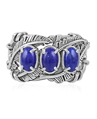 American West Jewelry Sterling Silver Lapis Three Stone Feather Ring, Sizes 5 to 11