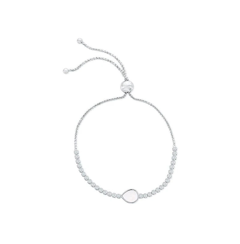 Sterling Silver, Pearshape Mop Center, Cz Adjustable Bolo Bracelet