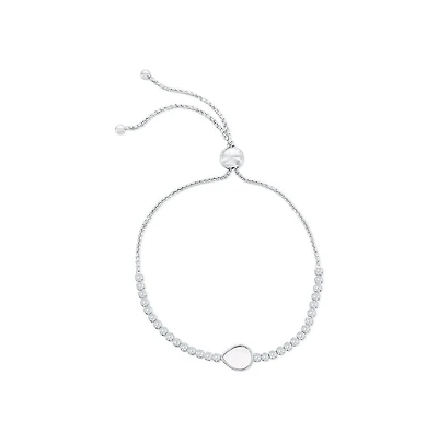 Sterling Silver, Pearshape Mop Center, Cz Adjustable Bolo Bracelet