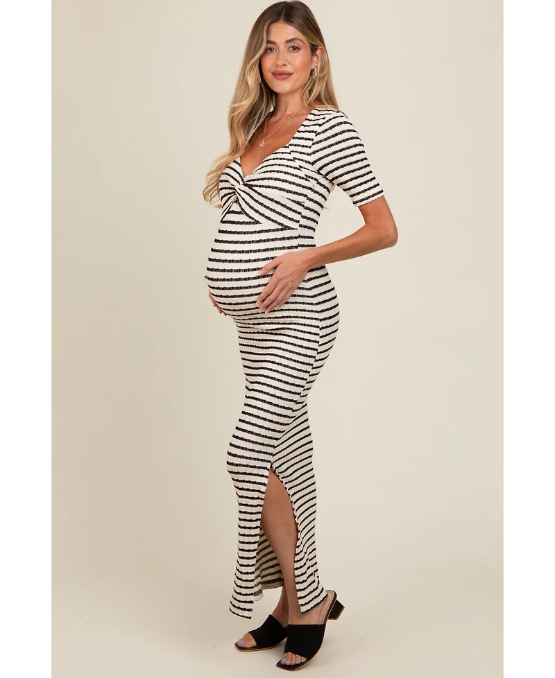 Pinkblush Ivory Black Striped Knit Short Sleeve Maternity Maxi Dress