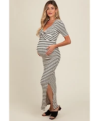 Pinkblush Ivory Black Striped Knit Short Sleeve Maternity Maxi Dress