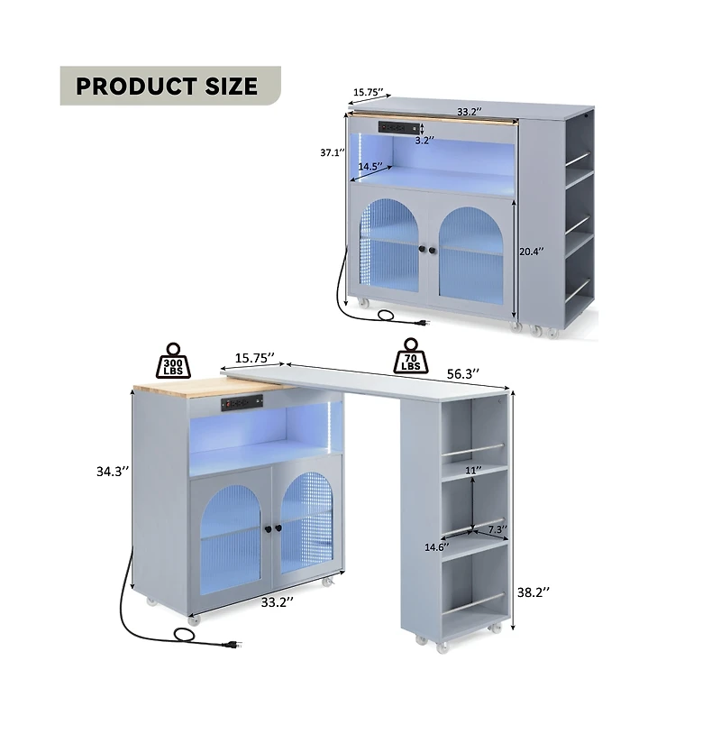Maison Boucle Rolling Kitchen Island with Extendable Table, Led Lights, Outlet, Fluted Glass Doors & Shelves-Maison
