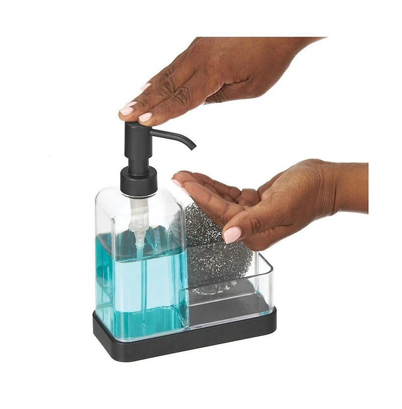 iDesign Stainless Steel Sink Caddy with Soap Pump, Clear/Matte Black