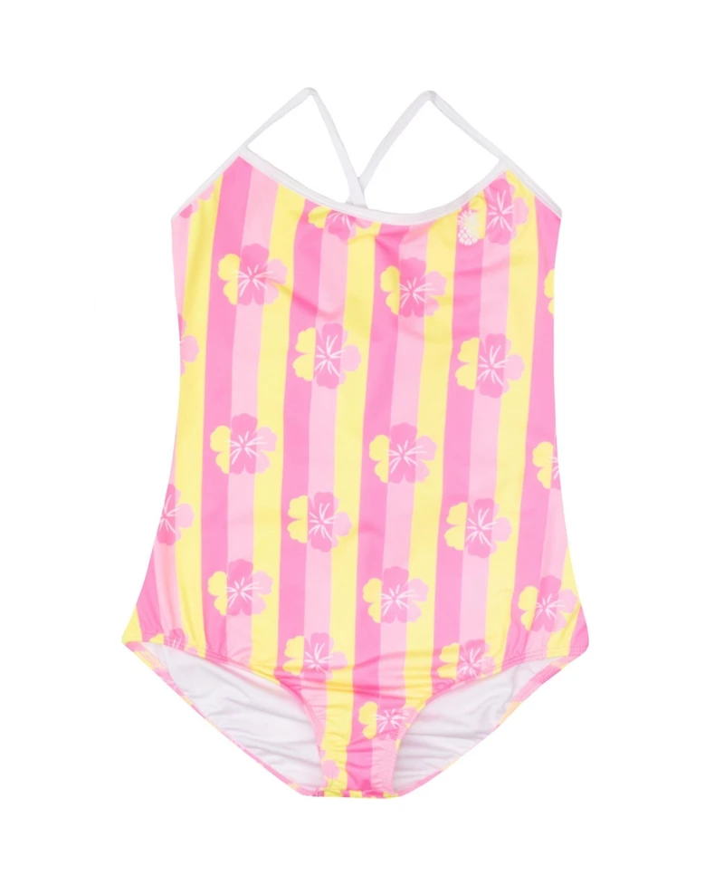Tommy Bahama Little Girls One Piece Swimsuit - Tropical Print, Cross-Back Bathing Suit Quick-Drying Summer Swimwear (Pink/Yellow 5)