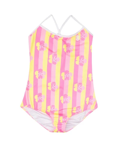 Tommy Bahama Little Girls One Piece Swimsuit - Tropical Print, Cross-Back Bathing Suit Quick-Drying Summer Swimwear (Pink/Yellow 5)