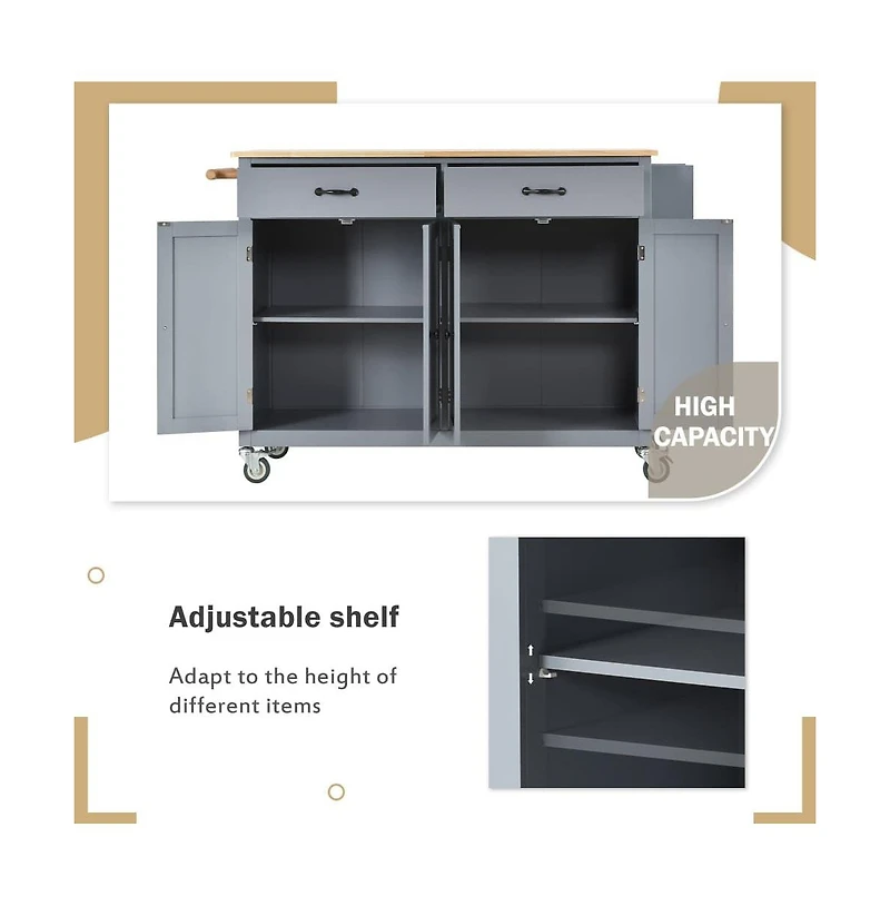 54.3" Kitchen Island Cart, Kitchen Storage Cabinet with Solid Wood Top, 4-Door Cabinet, 2 Drawers & Locking Wheels-Maison Boucle