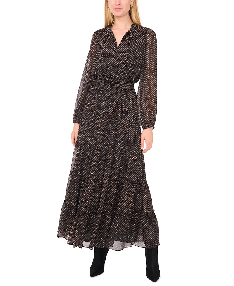 1.state Women's Necktie Smocked Waist Tiered Maxi Dress