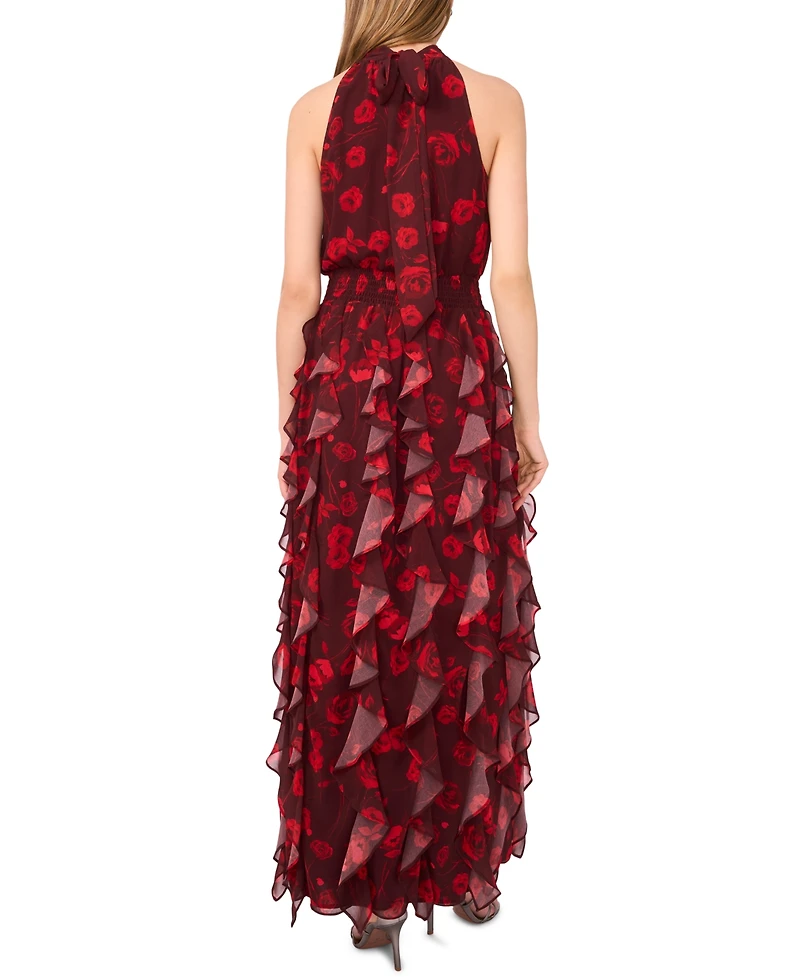 1.state Women's Flounce Cascading Halter Neck Maxi Dress