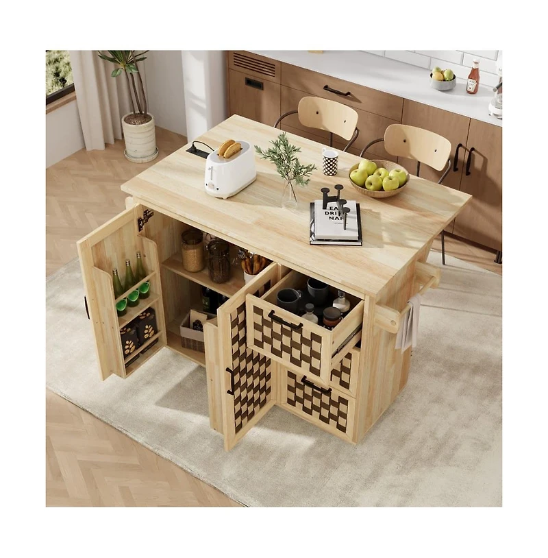 Maison Boucle 53.2" Rolling Kitchen Island with Drop Leaf, Power Outlet, 3 Drawers, Cabinets & Woven Checkerboard Design-Maison Boucle