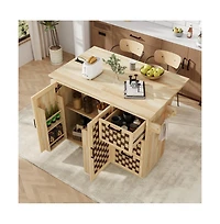 Maison Boucle 53.2" Rolling Kitchen Island with Drop Leaf, Power Outlet, 3 Drawers, Cabinets & Woven Checkerboard Design-Maison Boucle