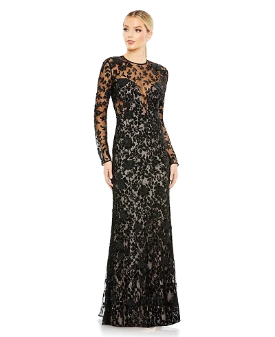Mac Duggal Women's Long Sleeve Floral Embellished Gown