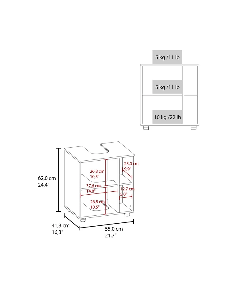 Parade Under Pedestal Sink Cabinet, 1 Door, 5 Open Compartments, Melamine Finish, White and Natural Oak