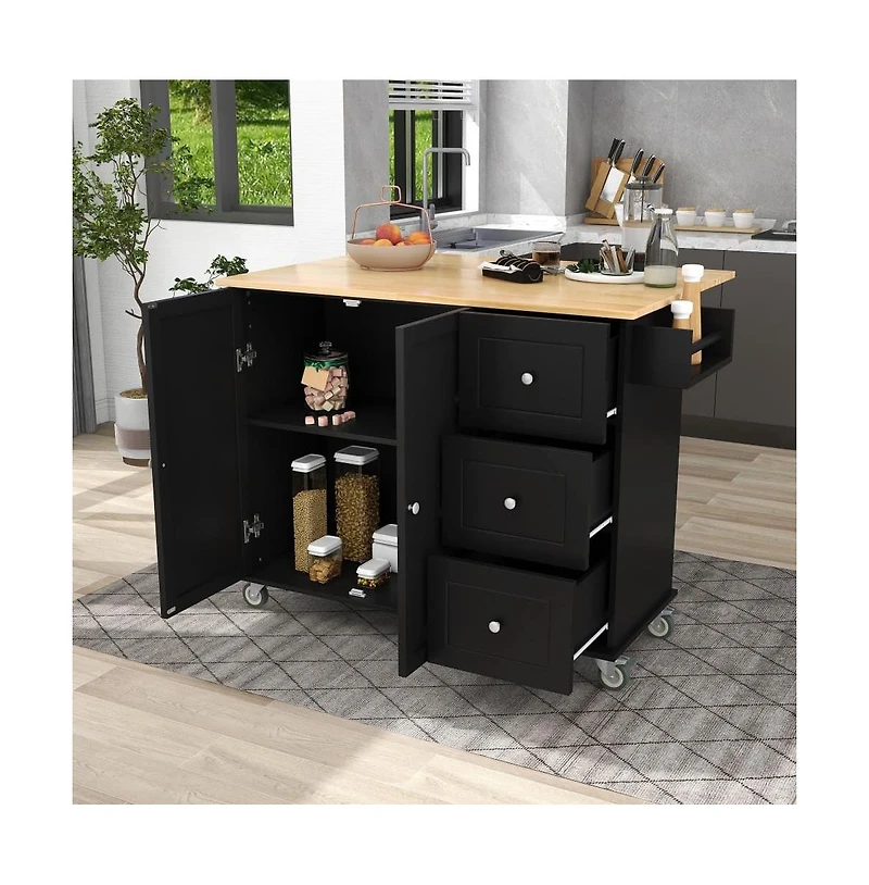 52.7" Rolling Kitchen Island with Drop Leaf, Solid Wood Top, Storage Cabinet & Drawers, Mobile Cart-Maison Boucle