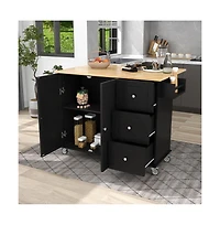 52.7" Rolling Kitchen Island with Drop Leaf, Solid Wood Top, Storage Cabinet & Drawers, Mobile Cart-Maison Boucle