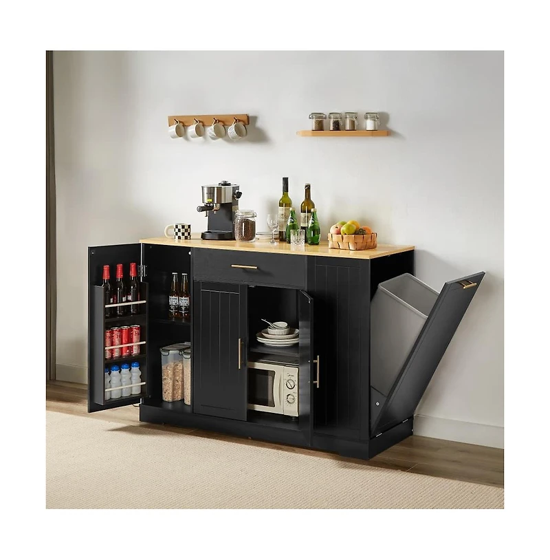 Maison Boucle 53.2" White Kitchen Island with Drawer, Cabinets, Spice Rack & Hidden Trash Can Storage, Modern Farmhouse Style-Maison