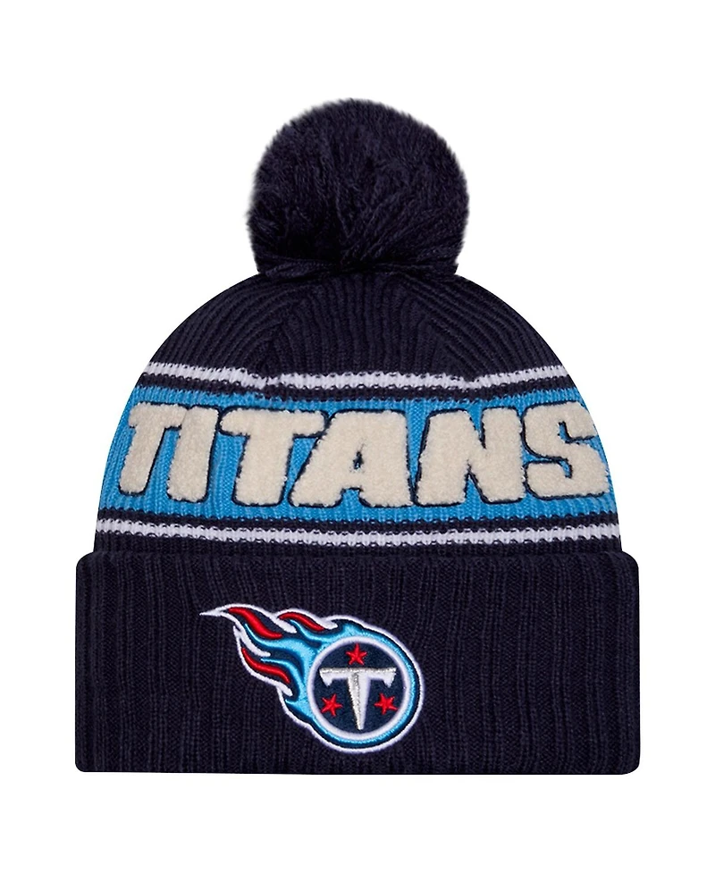 New Era Men's Navy Tennessee Titans 2024 Sideline Cuffed with Pom Knit Hat