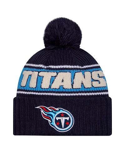 New Era Men's Navy Tennessee Titans 2024 Sideline Cuffed with Pom Knit Hat