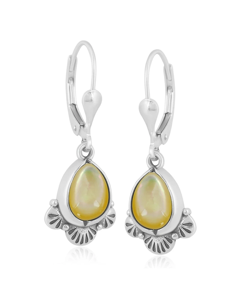American West Jewelry Sterling Silver and Pear Shape Yellow Mother of Pearl Fan Lever Back Earrings